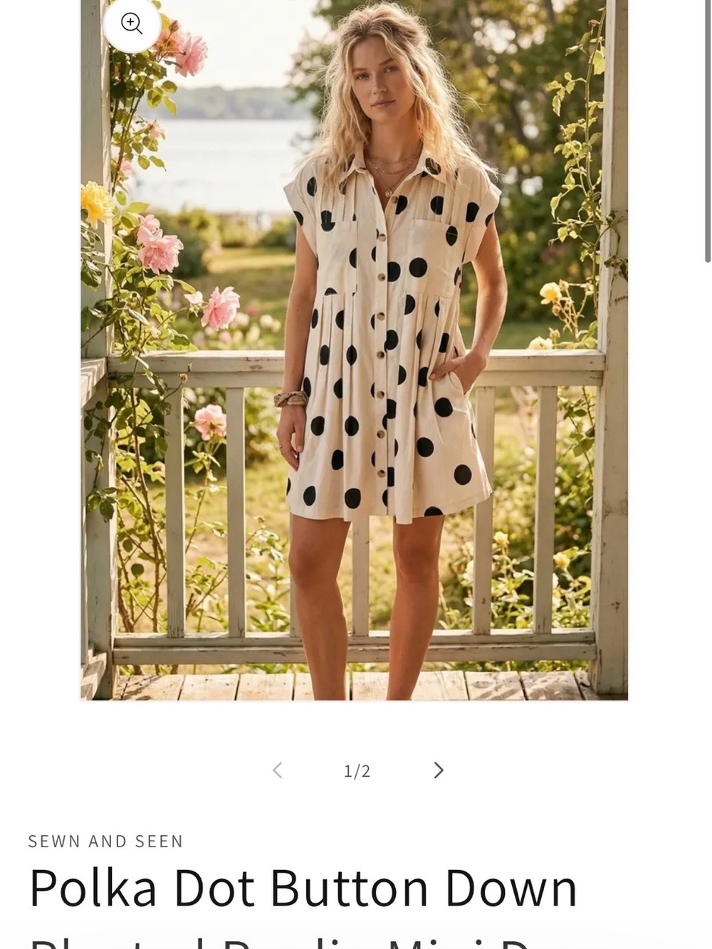 Polka Dot Button-Down Pleated Mini Dress - Cream with Black Dots